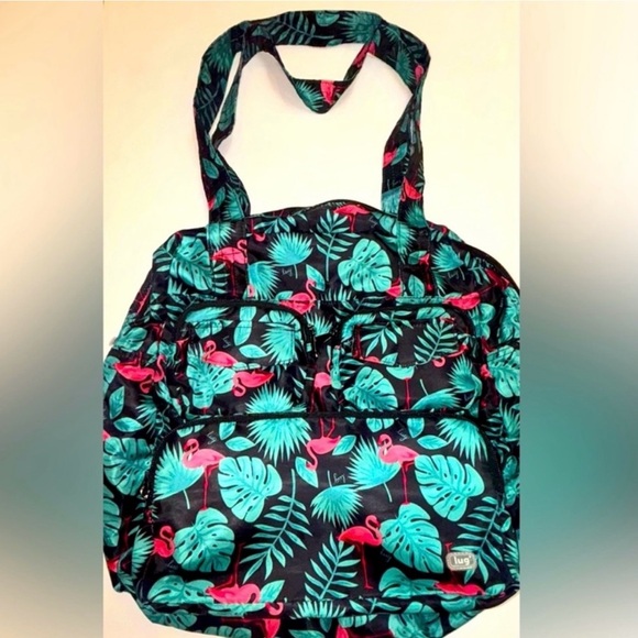 Lug Puddle Jumper Packable Tote Bag Flamingo and Leaf Print   EUC